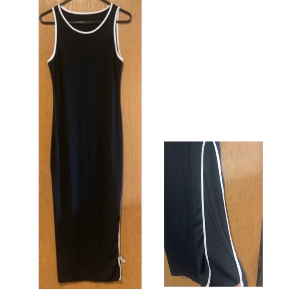 NWOT SIMPLE LONG BLACK LIGHTLY RIBBED DRESS WITH SHORT SLIT ON ONE SIDE!